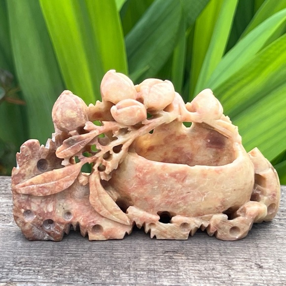 Vintage Chinese Hand-Carved Soapstone Sculpture – Leaves Fruit